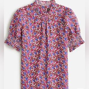 J.Crew Smocked linen puff-sleeve top in berry floral